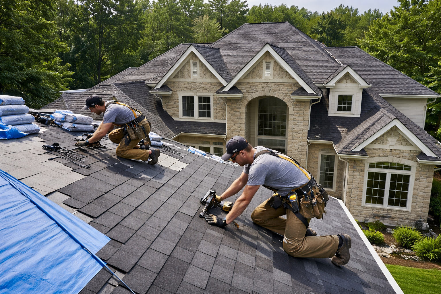 Two workers in work gear install dark shingles on a large, multi-gabled house roof on a sunny day.