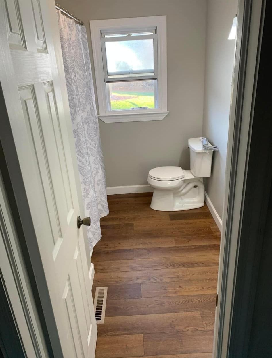A small bathroom with wood-look flooring, a white toilet, and a window with a patterned shower curtain to the left.