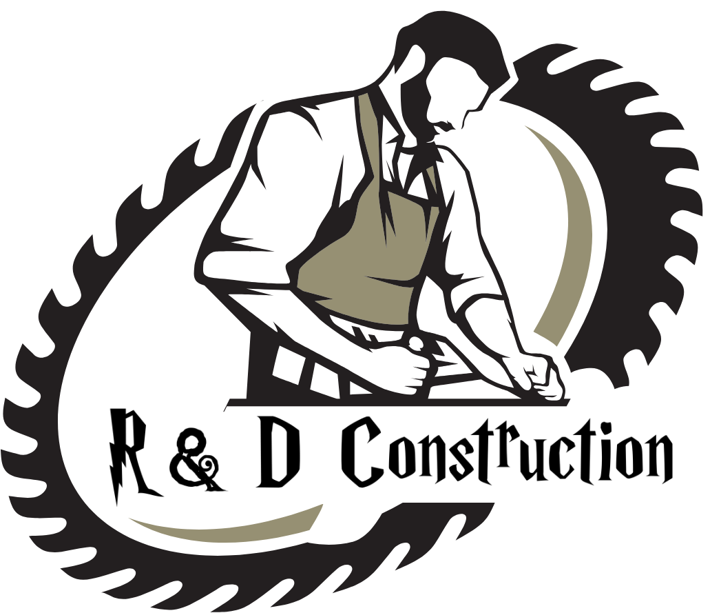 A logo for R&D Construction featuring a carpenter in an apron working, framed by a circular saw blade.