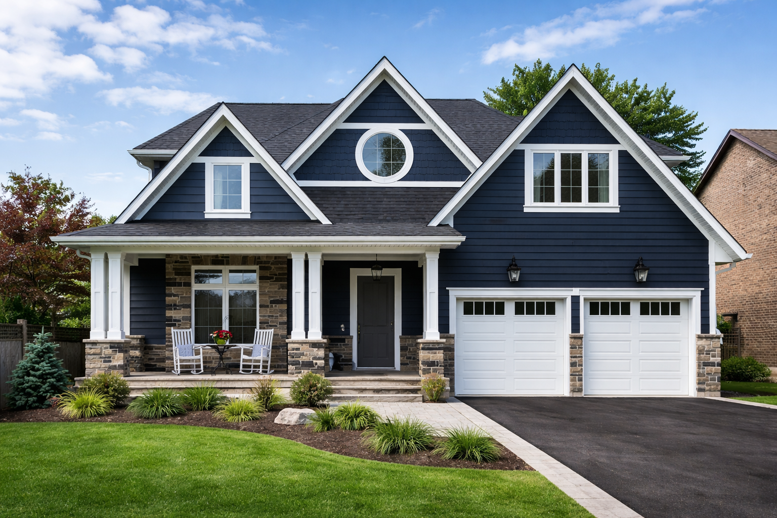Two workers in work gear kneel on a residential roof, installing black shingles on a large, stone-faced house.