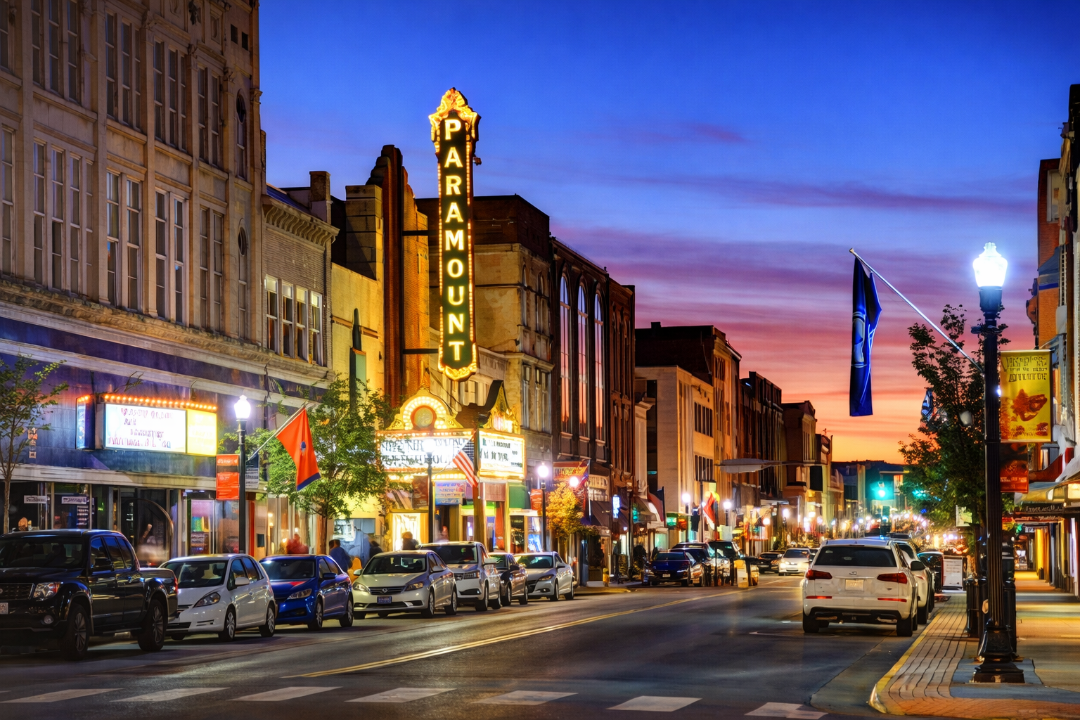 Downtown Bristol in front of the Paramount Theater on State Street downtown