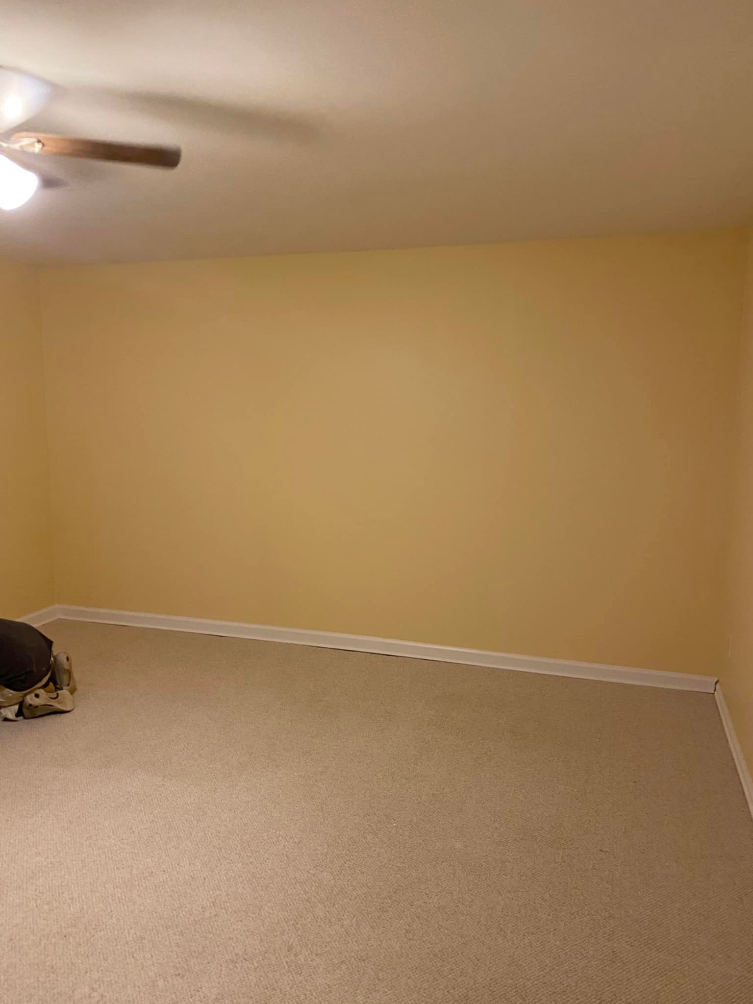 An empty room with pale yellow walls, white trim, beige carpet, and a ceiling fan in the top-left corner.