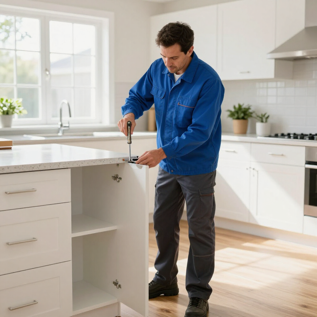More About R&D A person in a blue uniform uses a screwdriver to adjust a cabinet door hinge in a bright, modern kitchen.