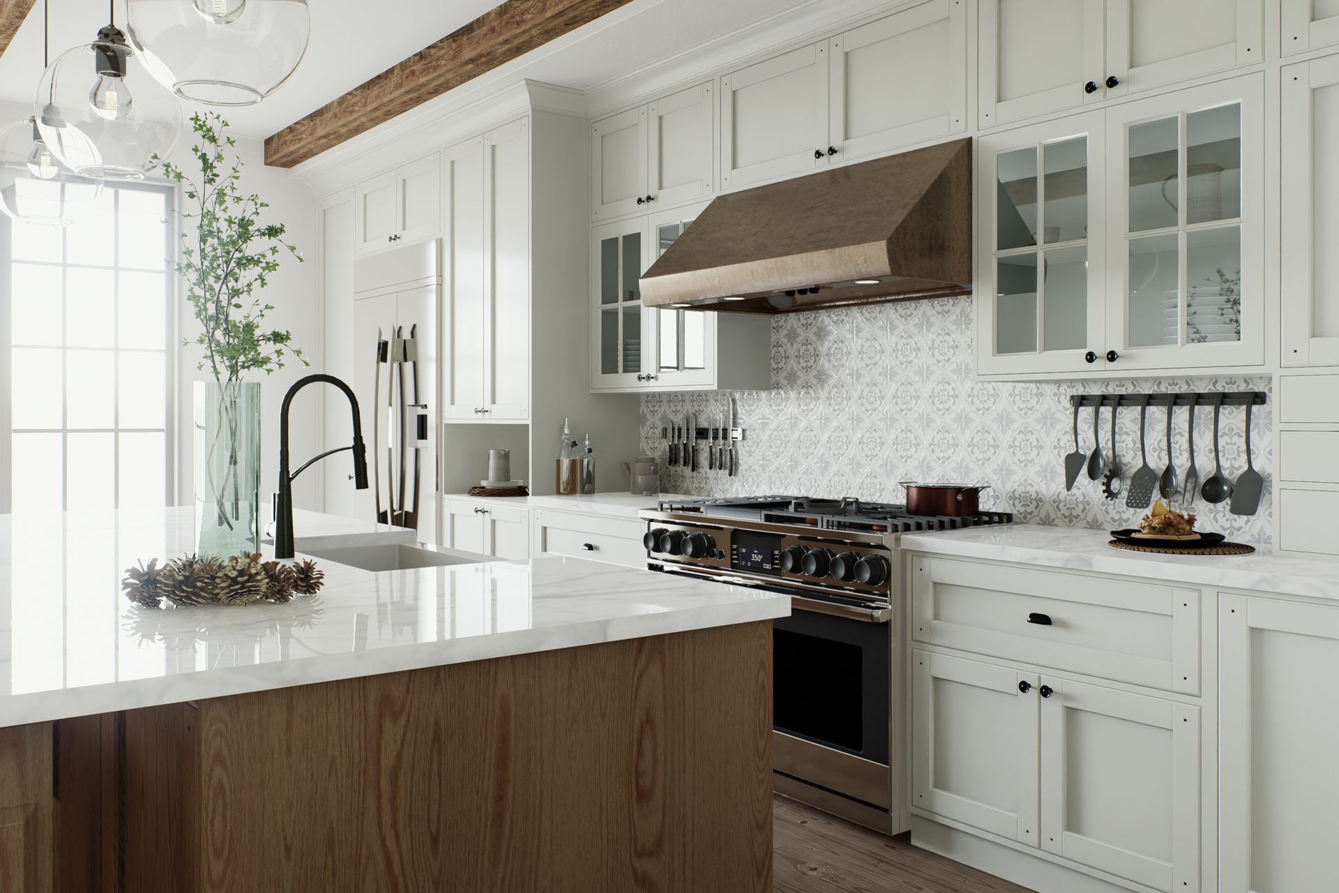 Rustic modern kitchen with dark cabinets, wood ceiling, stainless fridge, and island under skylights