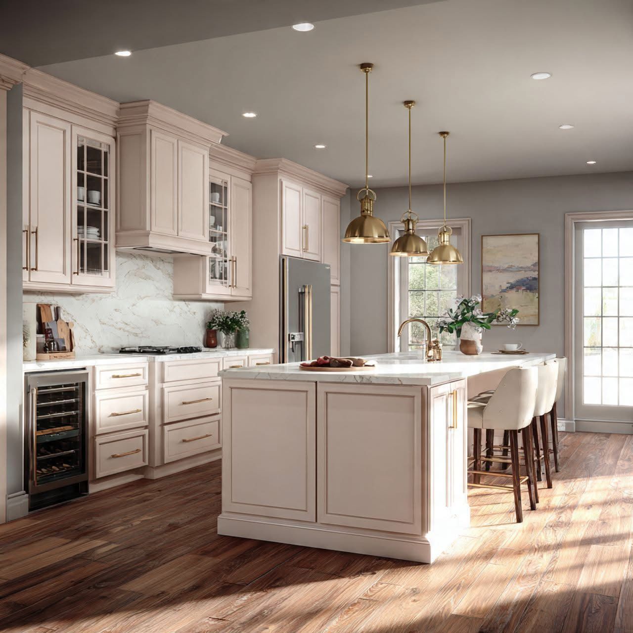 Bright modern kitchen with white cabinets, island, pendant lights, and hardwood floors