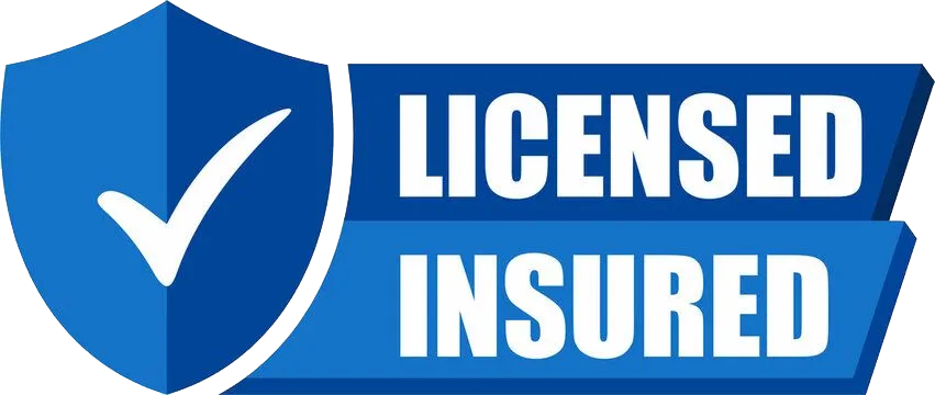 A blue shield with a check mark and the words licensed insured on it.