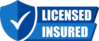A blue shield with a check mark and the words licensed insured on it.