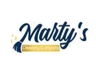 Logo for "Marty's Cleaning Company" with cursive navy text, a broom icon, and gold elements.
