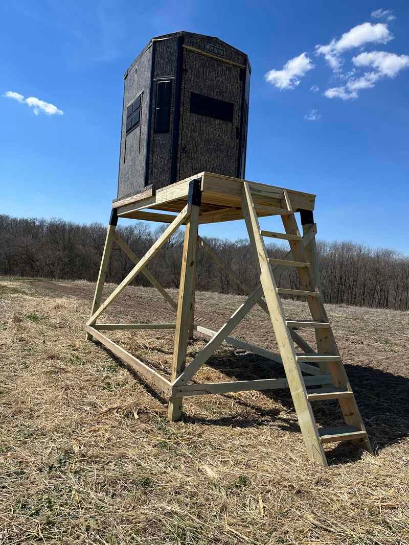 A ladder is sitting on top of a wooden tower in a field.