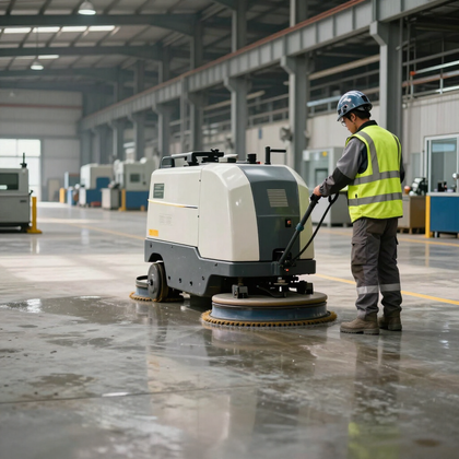Un trabajador con un chaleco reflectante maneja una fregadora industrial en un almacén grande y luminoso.