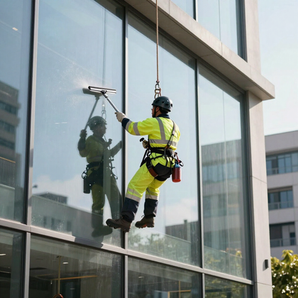 Un limpiador de ventanas, ataviado con un traje de alta visibilidad y suspendido por una cuerda, lava la fachada de cristal de un edificio moderno.