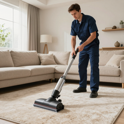 Una persona con uniforme azul aspira una alfombra en una sala de estar moderna y bien iluminada con un sofá beige.