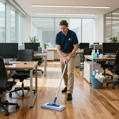 Una persona con una camisa polo azul friega un suelo de madera en una oficina llena de escritorios y sillas.