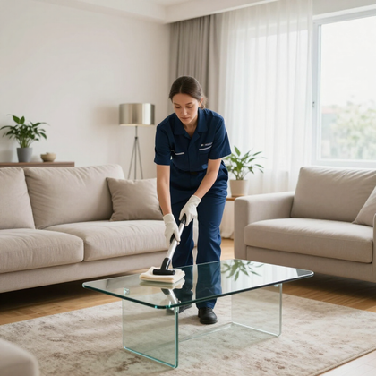 Una persona con uniforme azul oscuro y guantes blancos utiliza una herramienta de limpieza manual para limpiar una mesa de centro de cristal en una sala de estar.