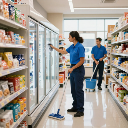 Dos empleados con uniformes azules limpian los suelos y las vitrinas de cristal en un pasillo bien iluminado de un supermercado.
