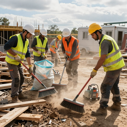 Cuatro obreros de la construcción, con chalecos reflectantes y cascos, limpian con escobas una polvorienta zona de trabajo al aire libre.