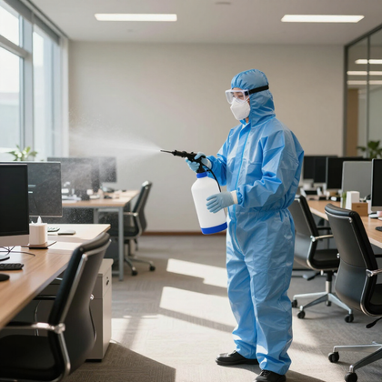 Una persona con un traje protector azul rocía desinfectante sobre un escritorio en una oficina.