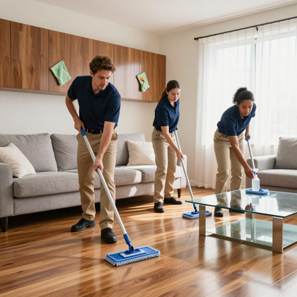 Tres personas con uniformes idénticos limpian una luminosa sala de estar con fregonas y un pulverizador.