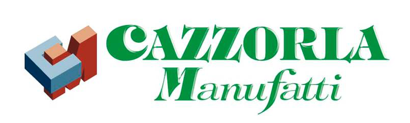Logo per Cazzoria Manufatti, un'azienda con un design geometrico in blu, arancione e rosso, e testo in verde.