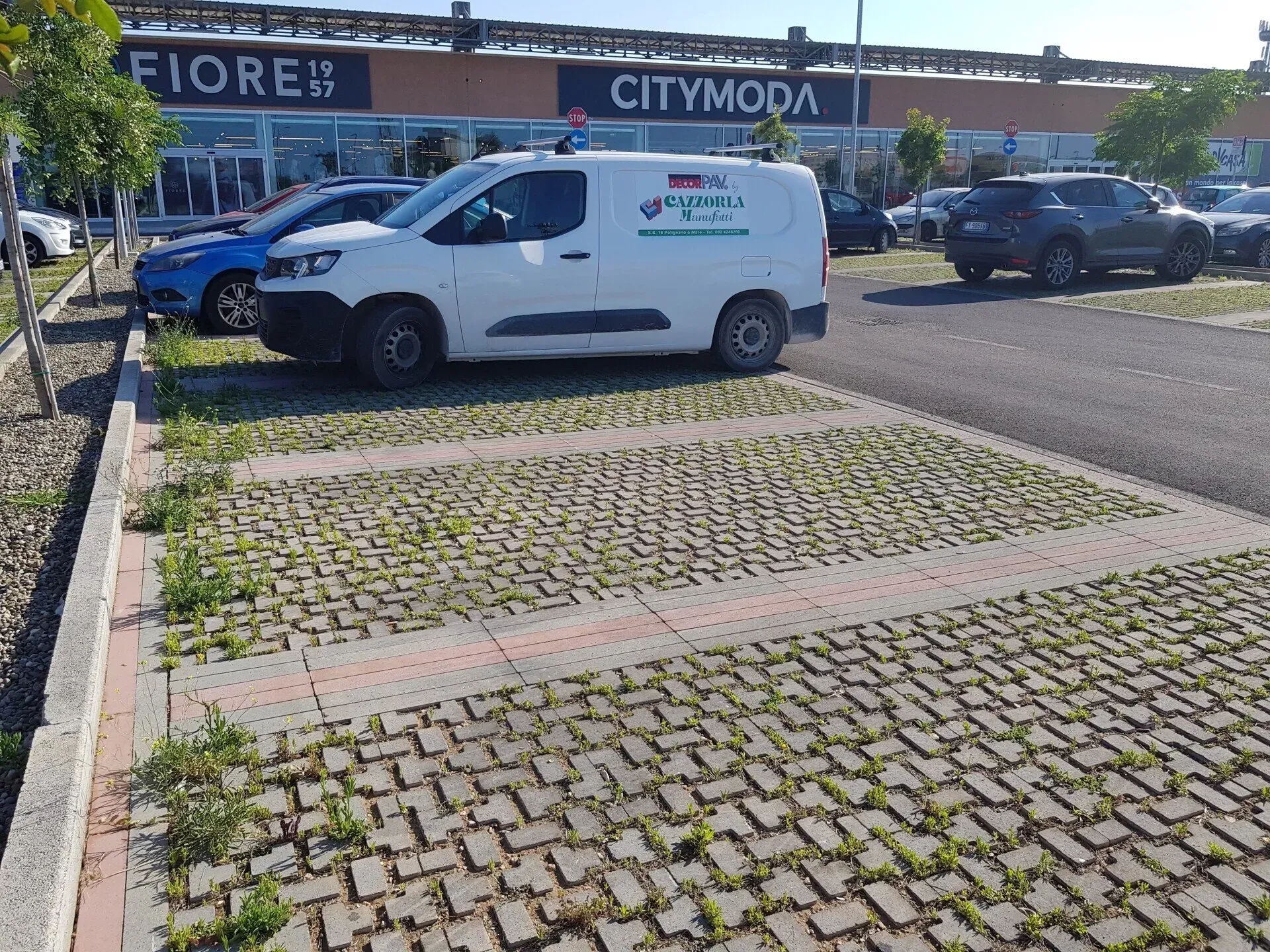 Furgone bianco parcheggiato in un parcheggio di fronte a un centro commerciale. Il parcheggio ha una pavimentazione in mattoni, con erbacce che crescono.