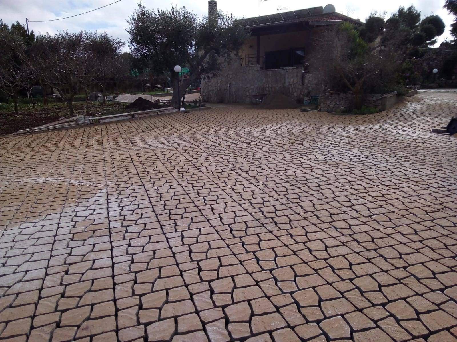 Vialetto acciottolato che conduce a una casa con alberi sullo sfondo.