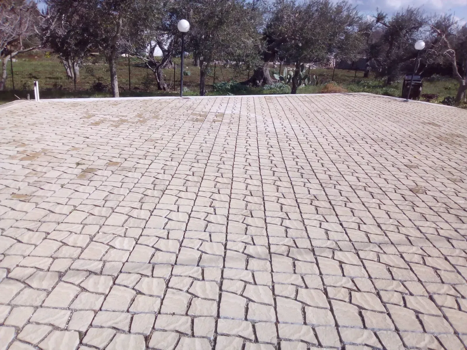 Vialetto quadrato pavimentato in un ambiente esterno, con alberi e cespugli sullo sfondo.