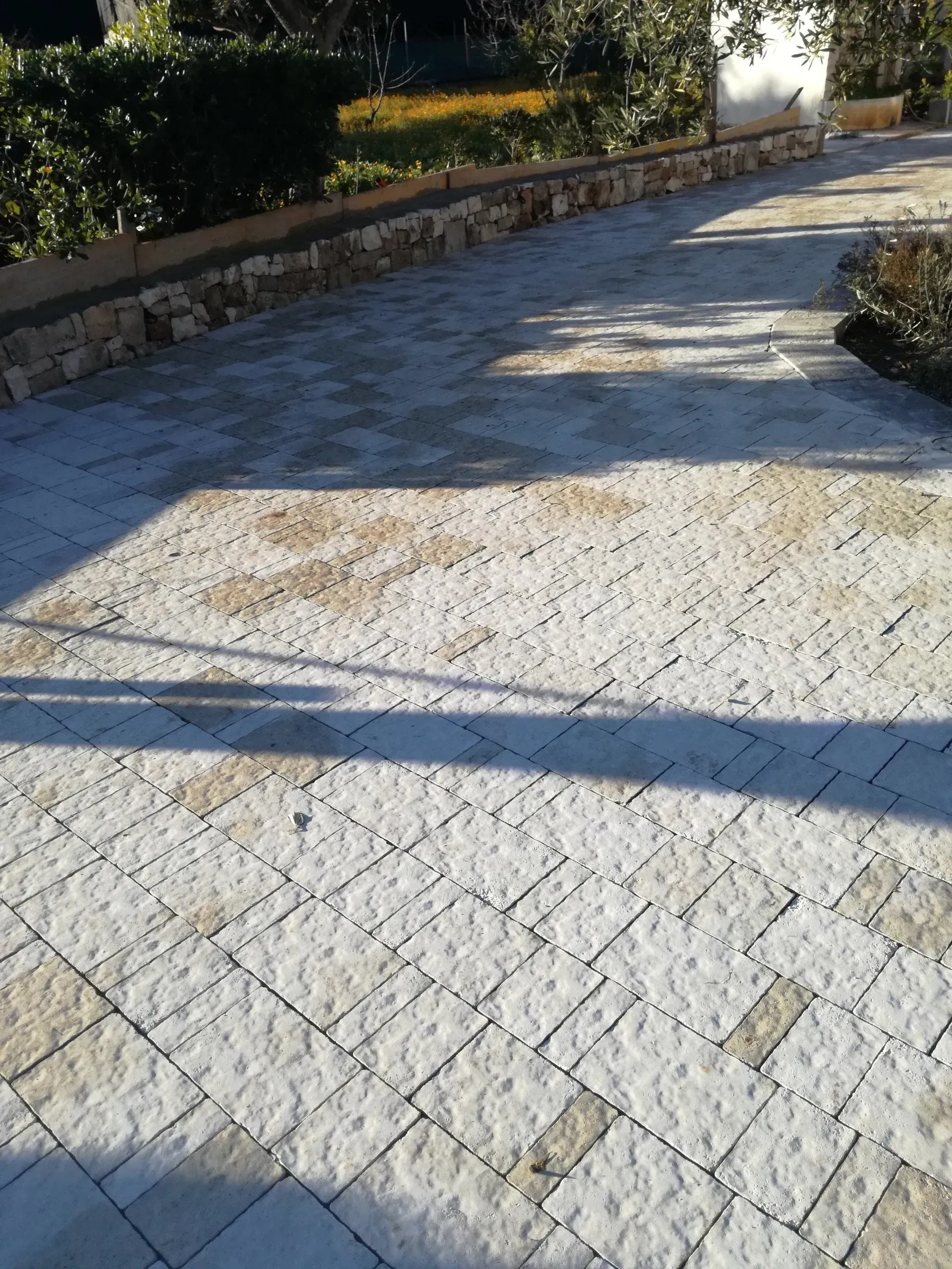 Vialetto lastricato in pietra con un muretto basso in pietra e cespugli verdi.