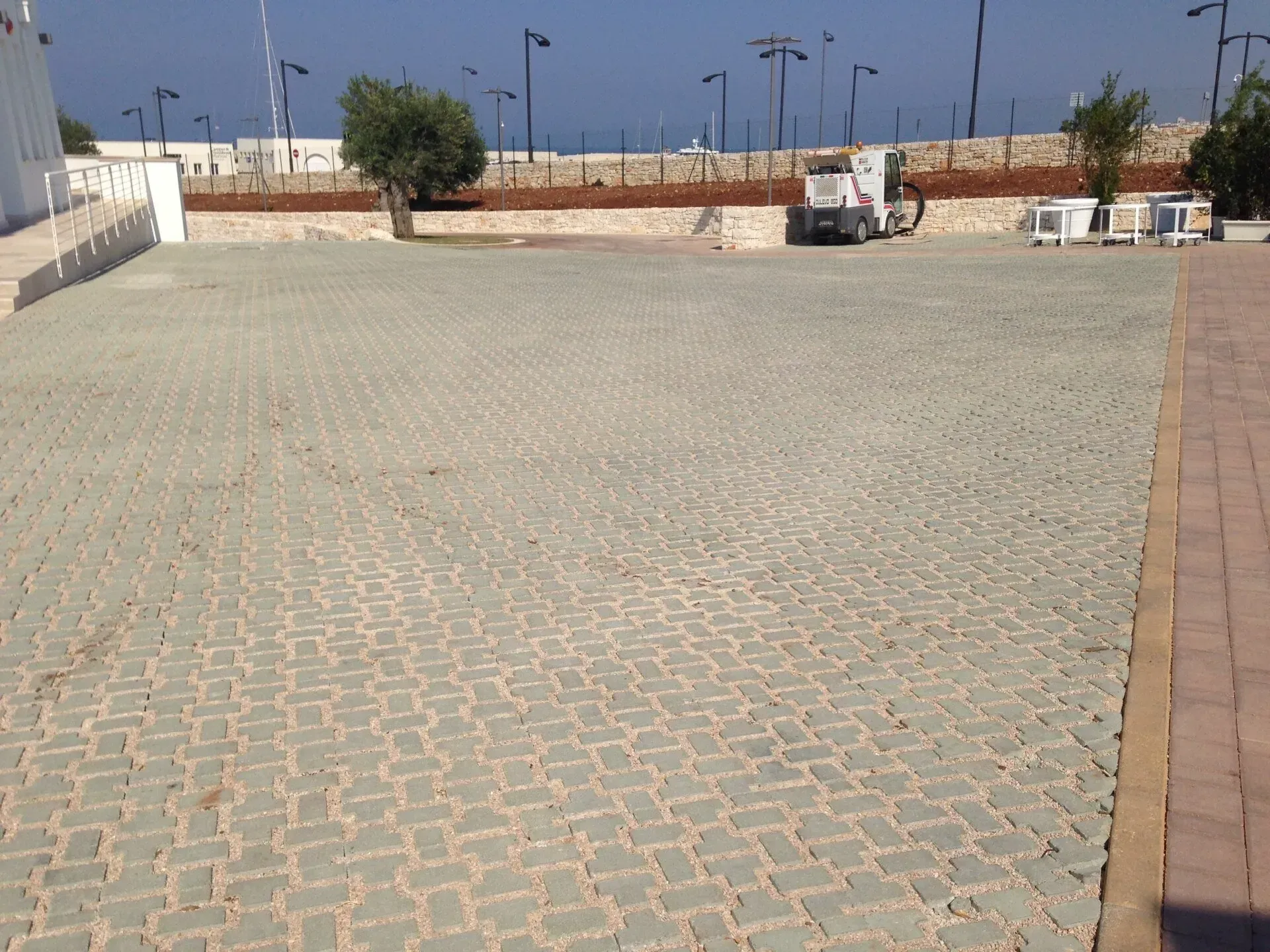 Pavimentazioni verdi autobloccanti formano un'area di parcheggio. In lontananza si vedono un veicolo bianco e alcune piante ornamentali.