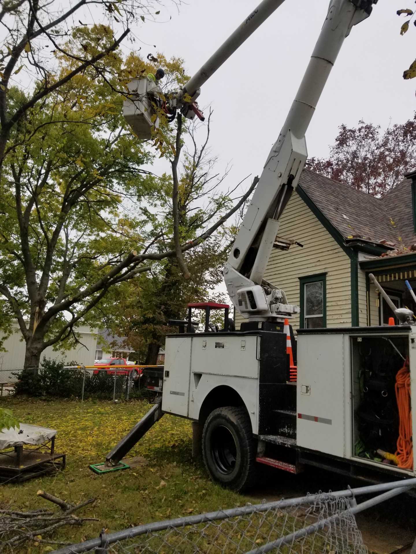 A tree cutting truck is parked in front of a house.