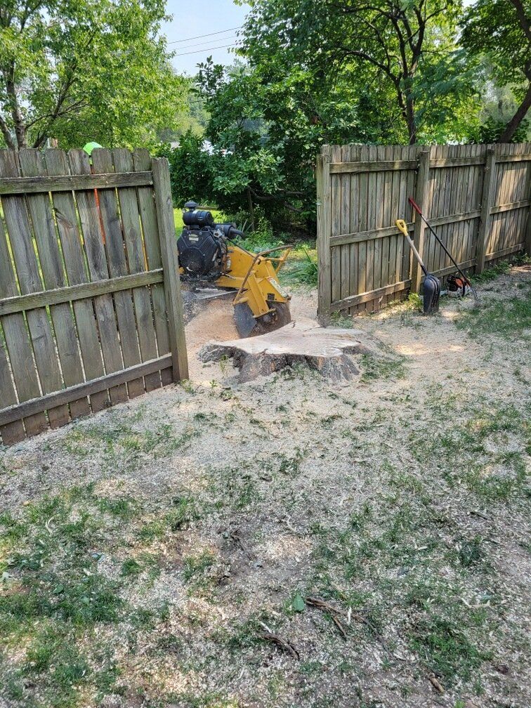 A stump grinder is cutting a tree stump in a backyard next to a wooden fence.