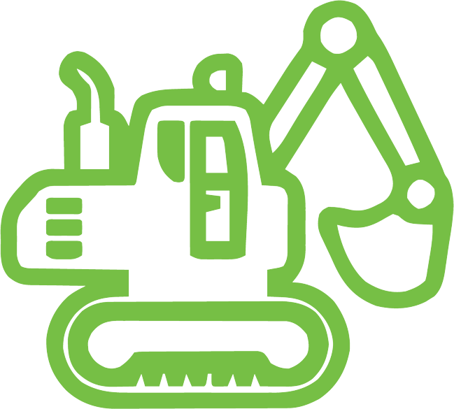 A green excavator icon on a white background.