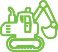A green excavator icon on a white background.
