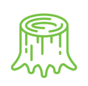 A green line drawing of a tree stump on a white background.