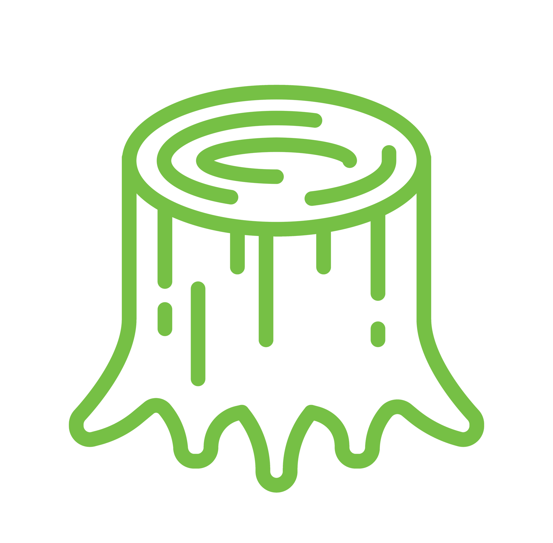 A green line drawing of a tree stump on a white background.