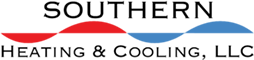 Logo for Southern Heating & Cooling, LLC. Text on top, waves of red and blue below.