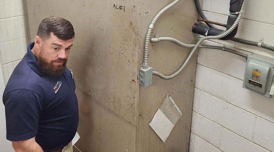 Man in blue shirt looks at a corroded metal box with electrical wiring in a utility room.