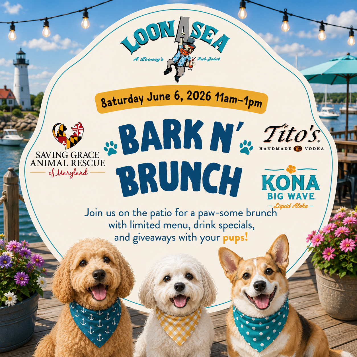LoonAsea Dog Bark 'n Brunch event flyer with three bandana-wearing dogs, beach backdrop, and date: Saturday June 6, 2026.