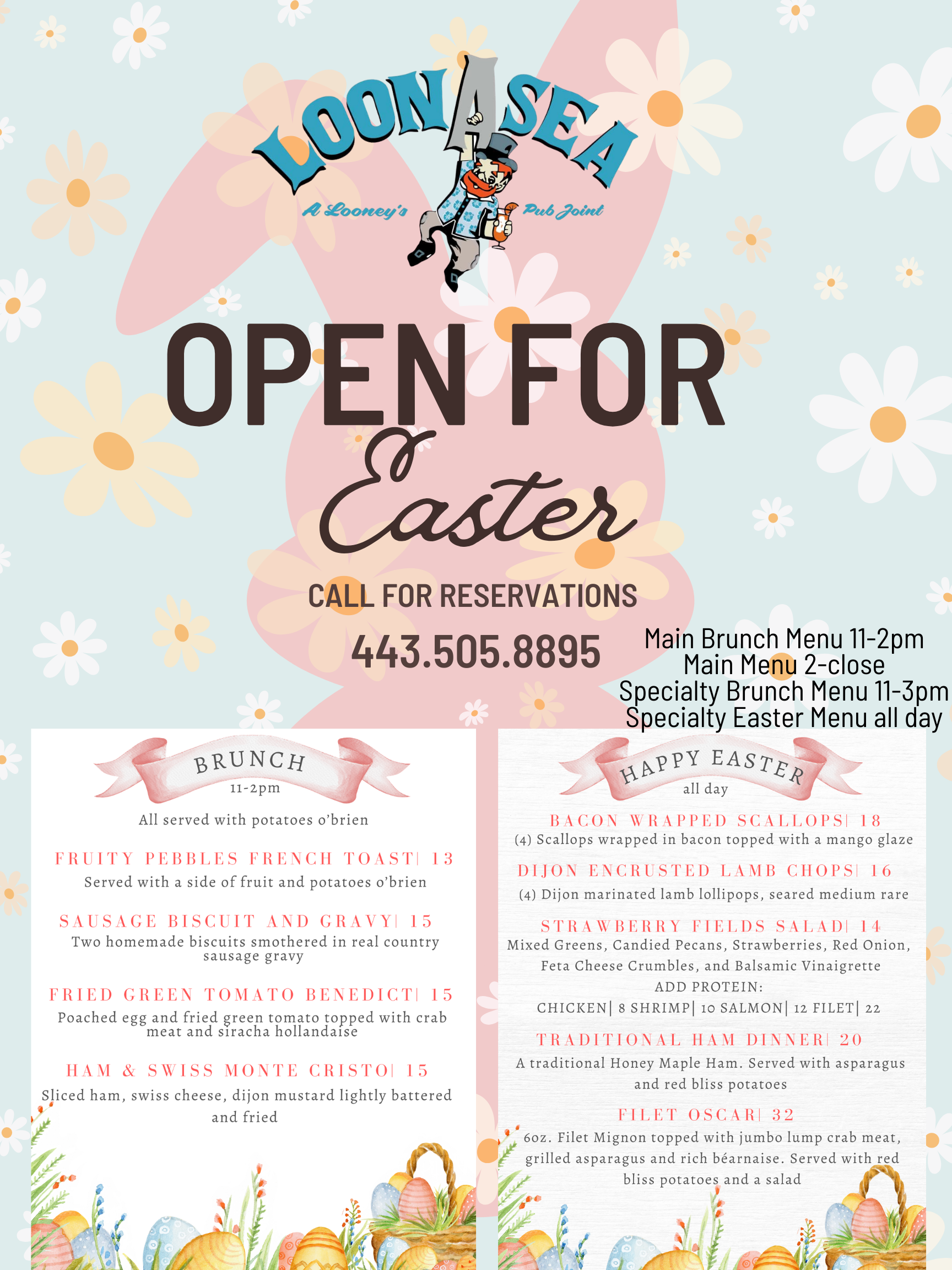 Loon Sea restaurant Easter promotional flyer with phone number, dining hours, and menu highlights on a floral background.