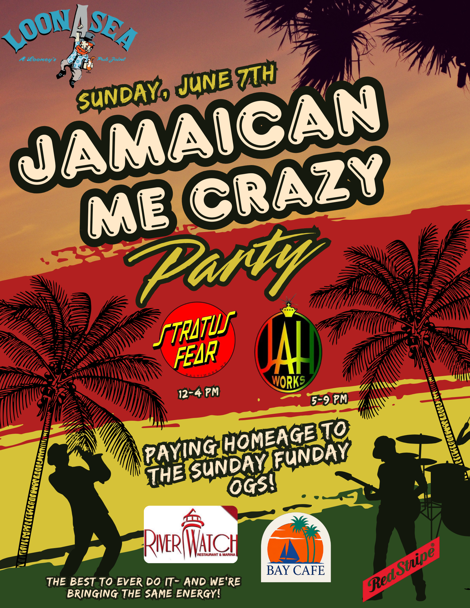 LoonAsea Jamaican Me Crazy Party poster with sunset palms, dancer silhouette, and event logos.
