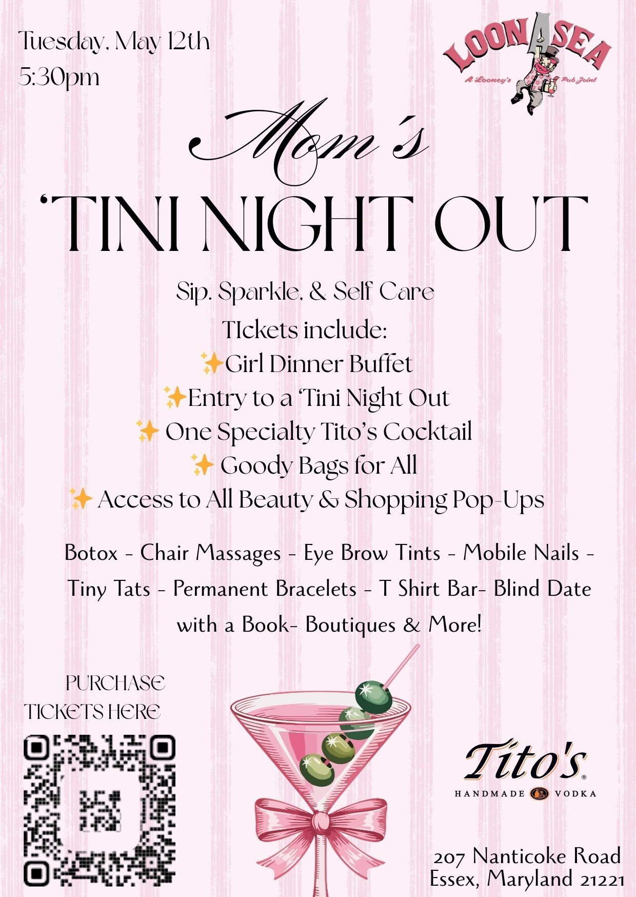 Event flyer for Mom’s 'Tini Night Out on May 12th at 5:30pm, featuring food, drinks, beauty pop-ups, and shopping.