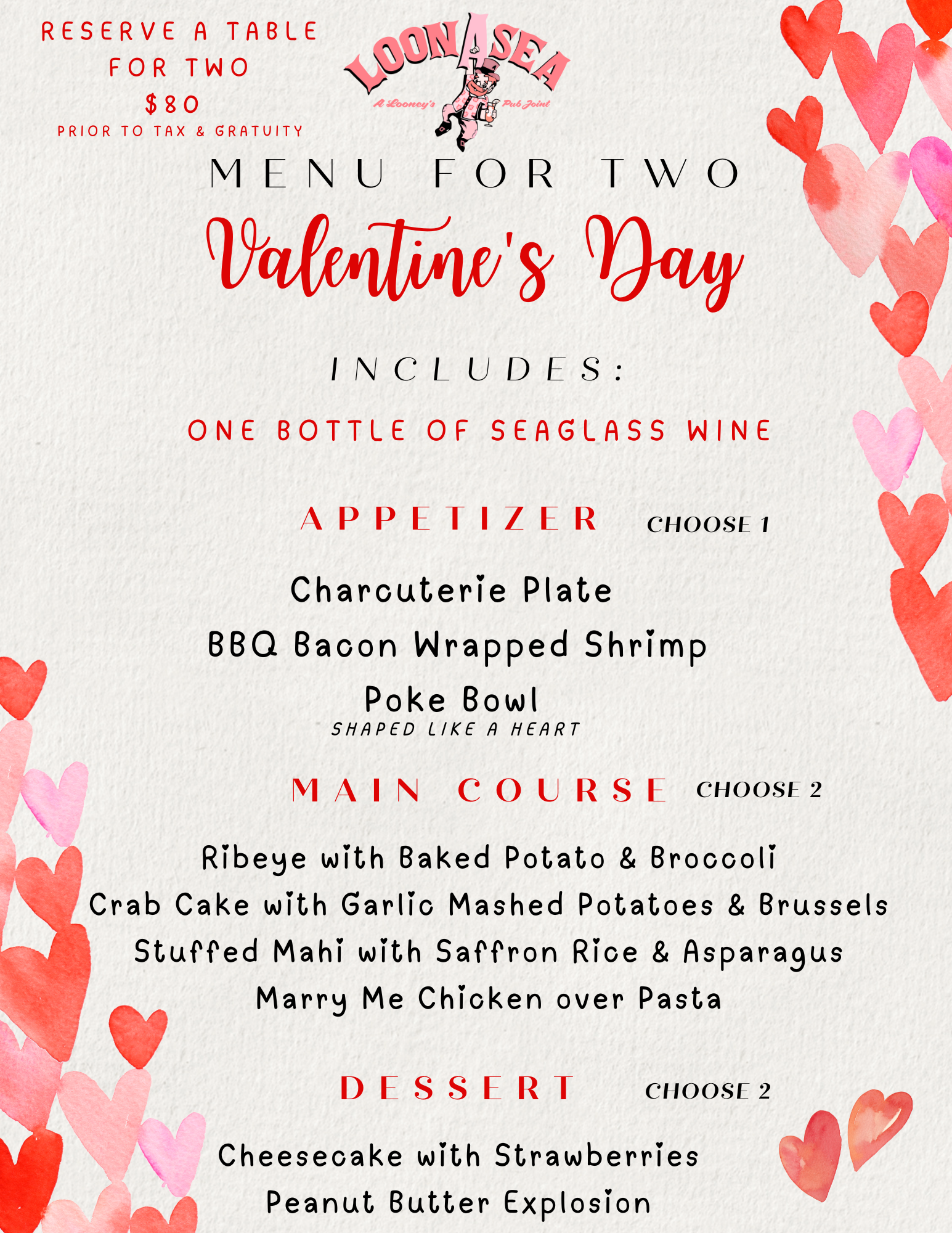 LoonAsea Valentine's Day menu for two: Includes wine, appetizers, main course, and dessert options.