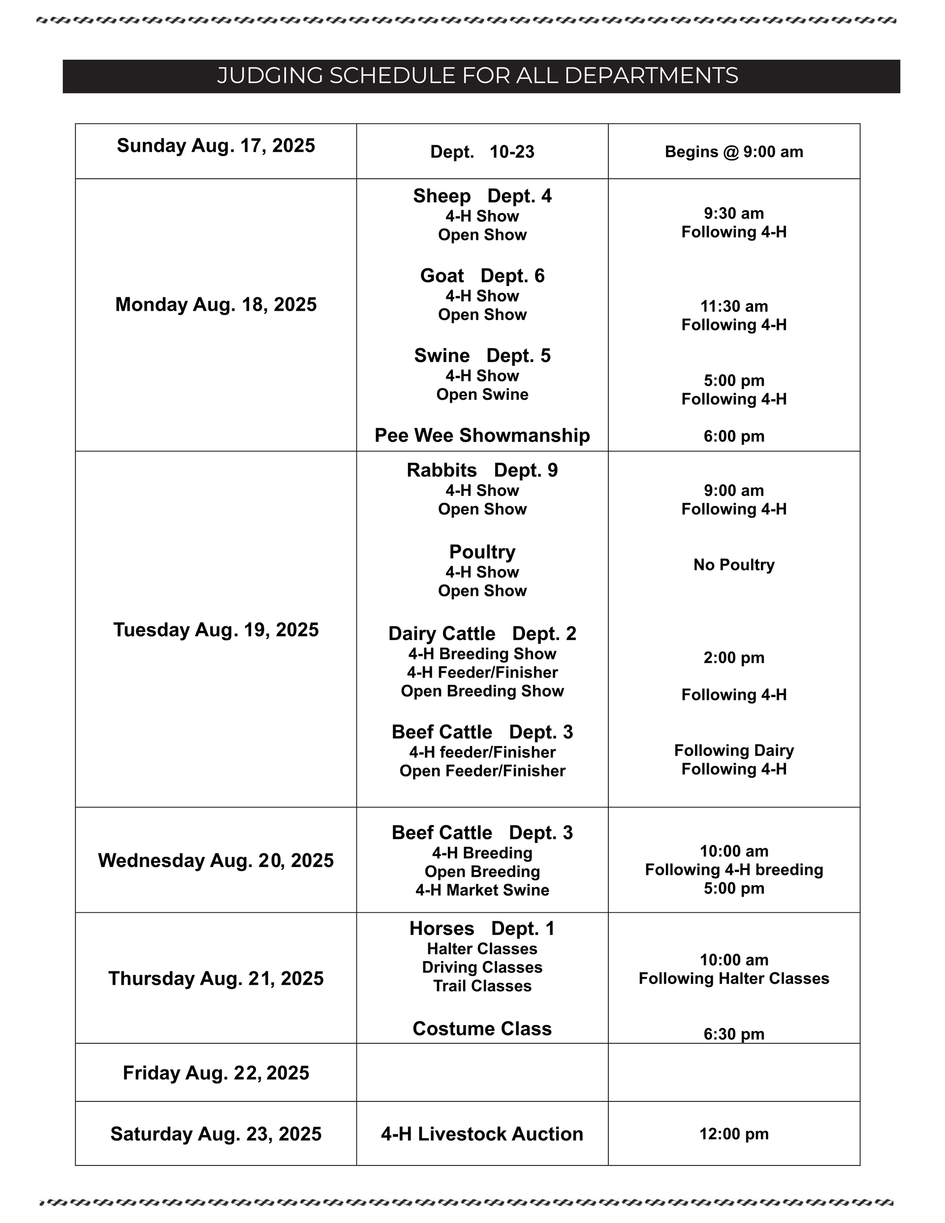 West End Fair Judging Schedule