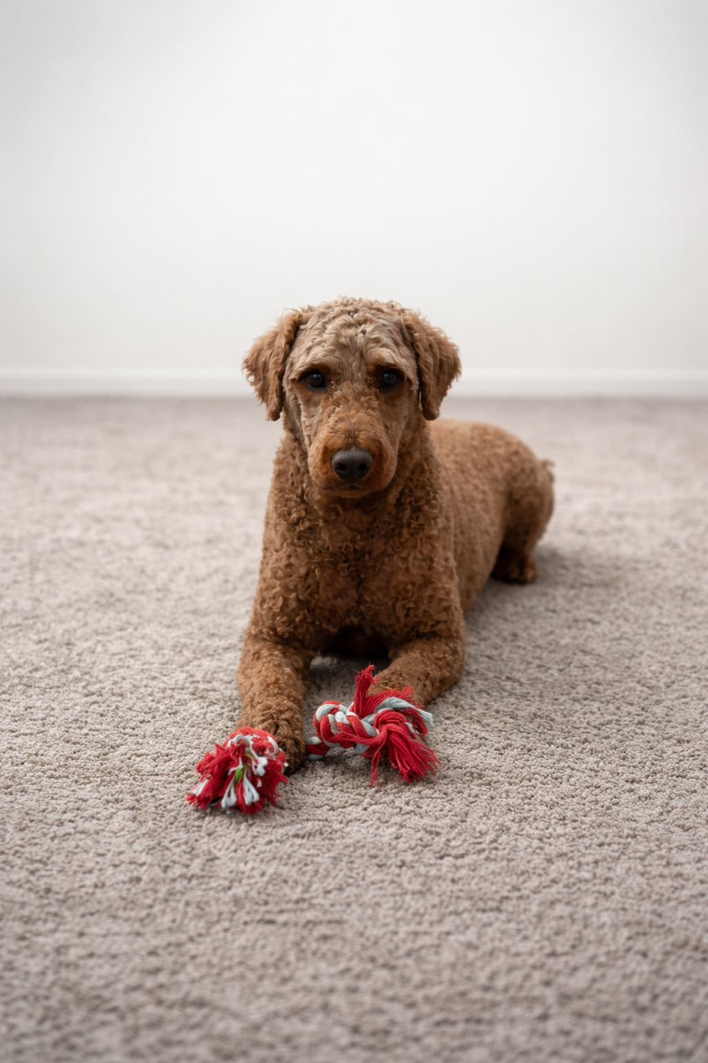 A curly-haired, brown dog lies on a gray carpeted floor, looking at the camera while holding a red and white rope toy.