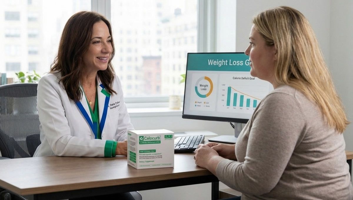 Dr Dana Cohen talks to a patient about Calocurb Natural Appetite Support during her weight loss consultation