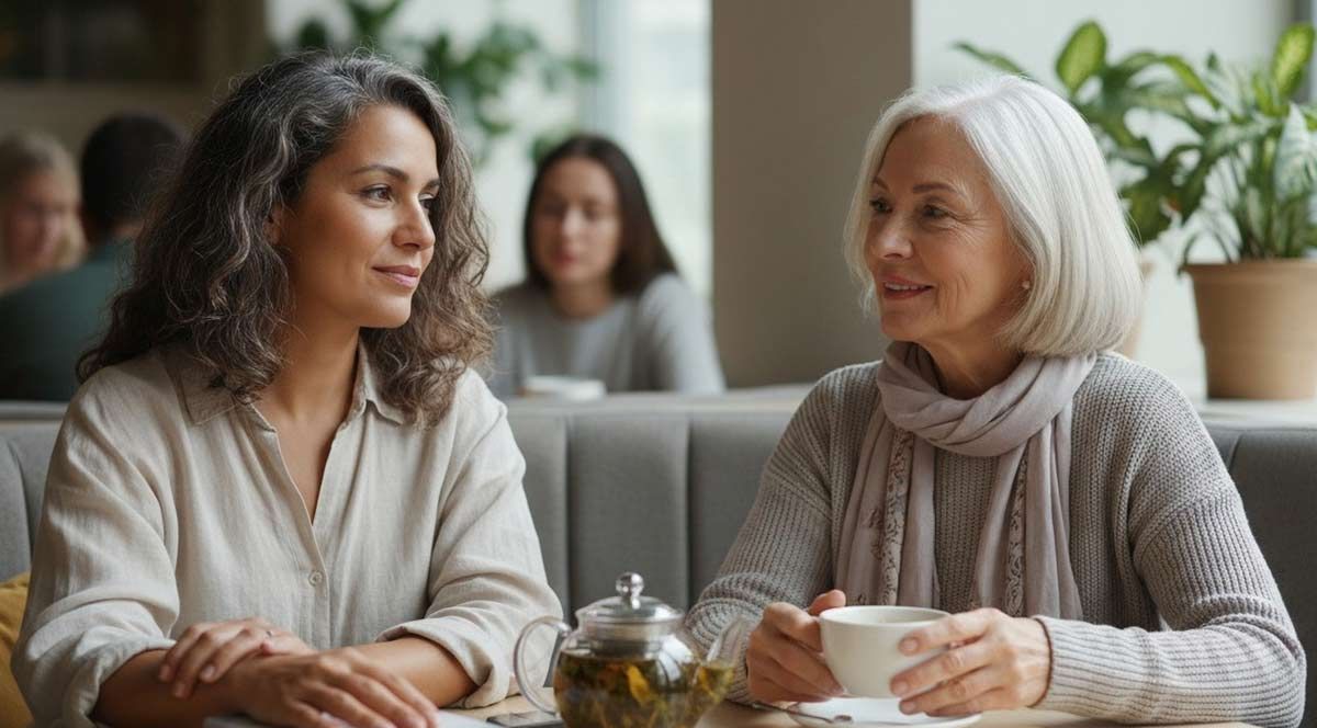 Two women at a cafe, one holding a teacup and smiling, the other looking at her and smiling, tea pot and plant visible.