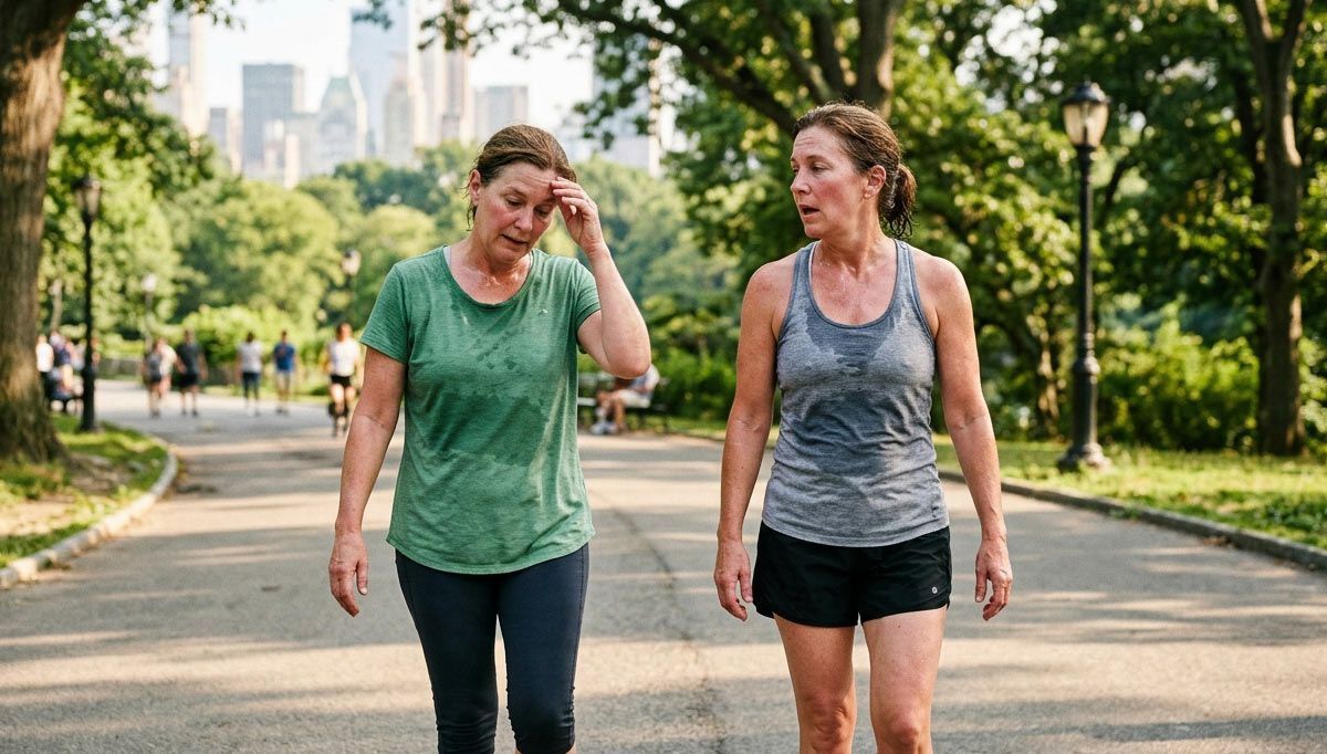 Two women walking in a park, experiencing the Hidden Hydration Crisis of Summer, one wiping sweat.
