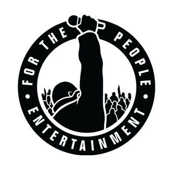 Black and white logo: raised arm with microphone, crowd silhouette, encircled by 