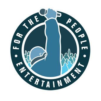 Logo: Arm holding microphone over a crowd, dark blue circle, 