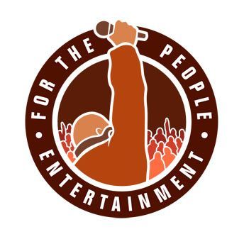 Brown circular logo: arm holding microphone raised to crowd, 