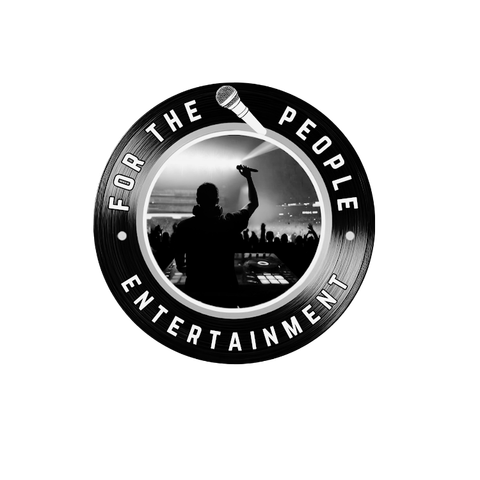 Black and white logo: raised arm with microphone, crowd silhouette, encircled by 